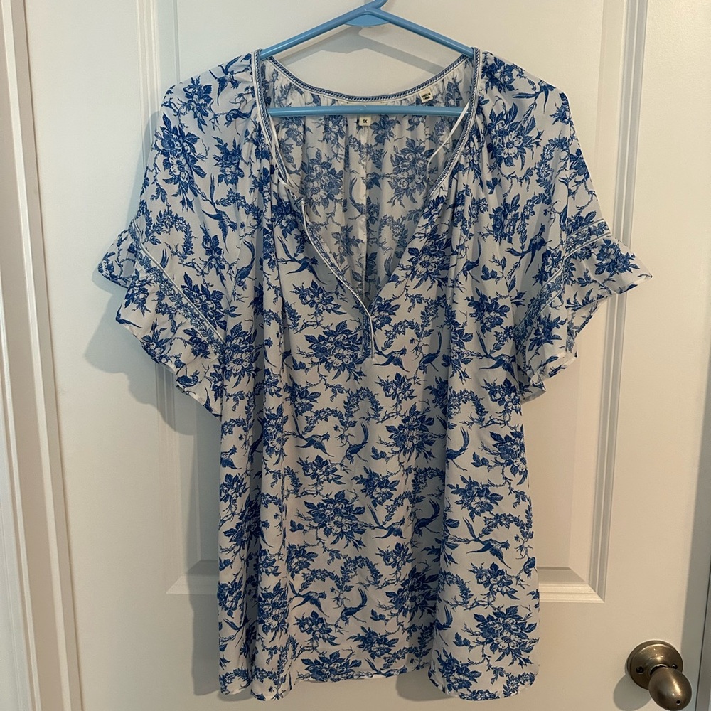 Blue and White Flutter Sleeve Ruffled Blouse